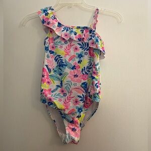 Tommy Bahama Girls One-Shoulder Floral Ruffle Swimsuit - Pink, Blue, Yellow